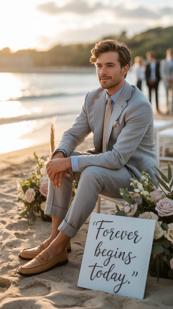 Man in a light grey summer suit with a pale blue shirt and tan loafers at a beach wedding under a clear blue sky