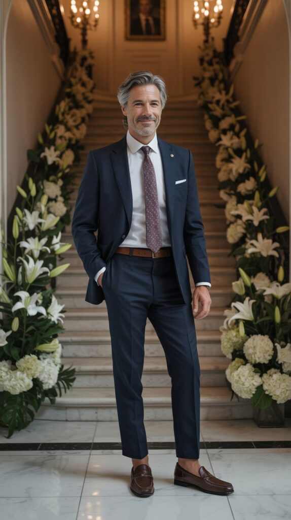 Man wearing a navy suit with a white shirt and patterned tie in an elegant wedding reception setting with soft lighting