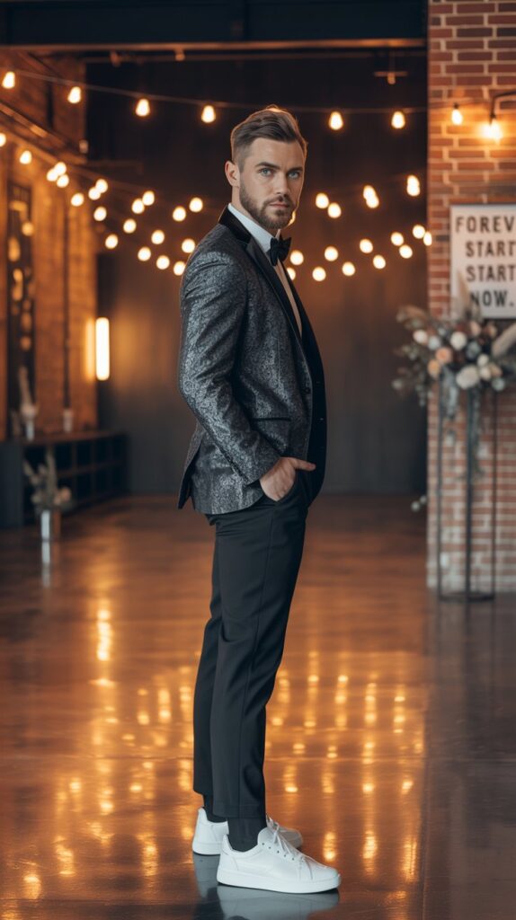 Man in an edgy textured blazer with slim trousers and designer sneakers in an industrial wedding venue with dramatic lighting.