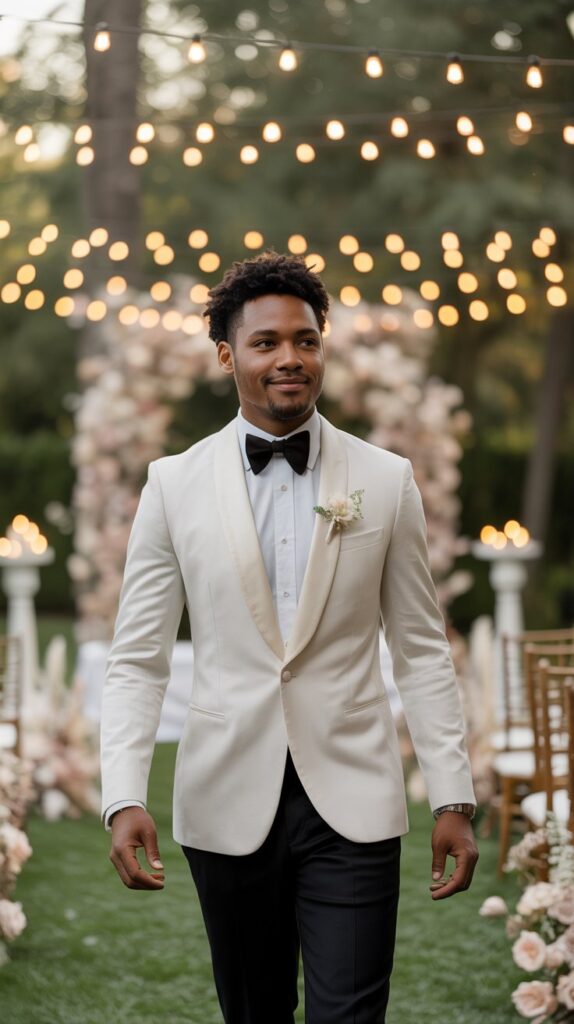 Black groom wearing ivory tuxedo at a golden hour garden wedding with blush florals and soft romantic lighting