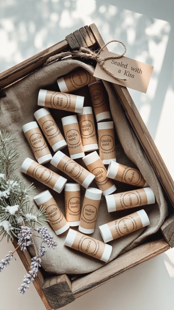 Winter wedding lip balm favors in vanilla mint and chai displayed in a rustic crate with seasonal greenery.