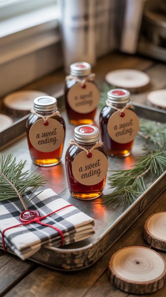 Mini maple syrup wedding favors with wax seals and kraft tags styled with plaid napkins and pine sprigs.