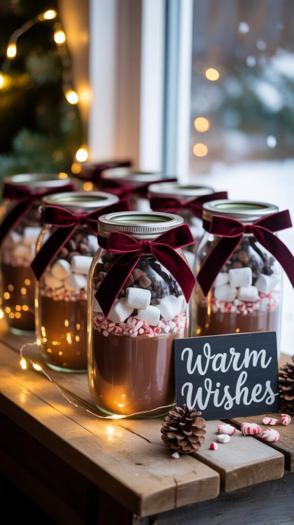 Layered hot cocoa jars with marshmallows and velvet ribbon arranged on a rustic winter wedding welcome table.