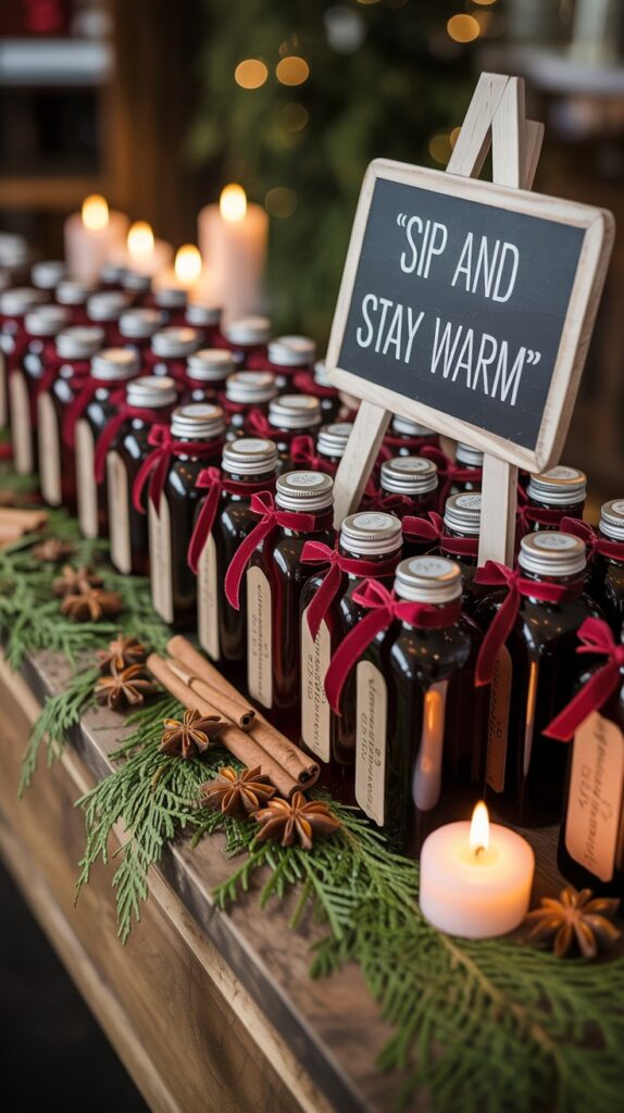 Mini bottles of mulled wine tied with velvet ribbon at a winter wedding favor station with festive spices.