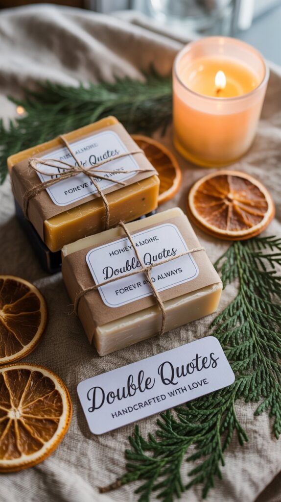 Winter wedding soap favors wrapped in kraft paper and twine styled with dried oranges and cedar sprigs.