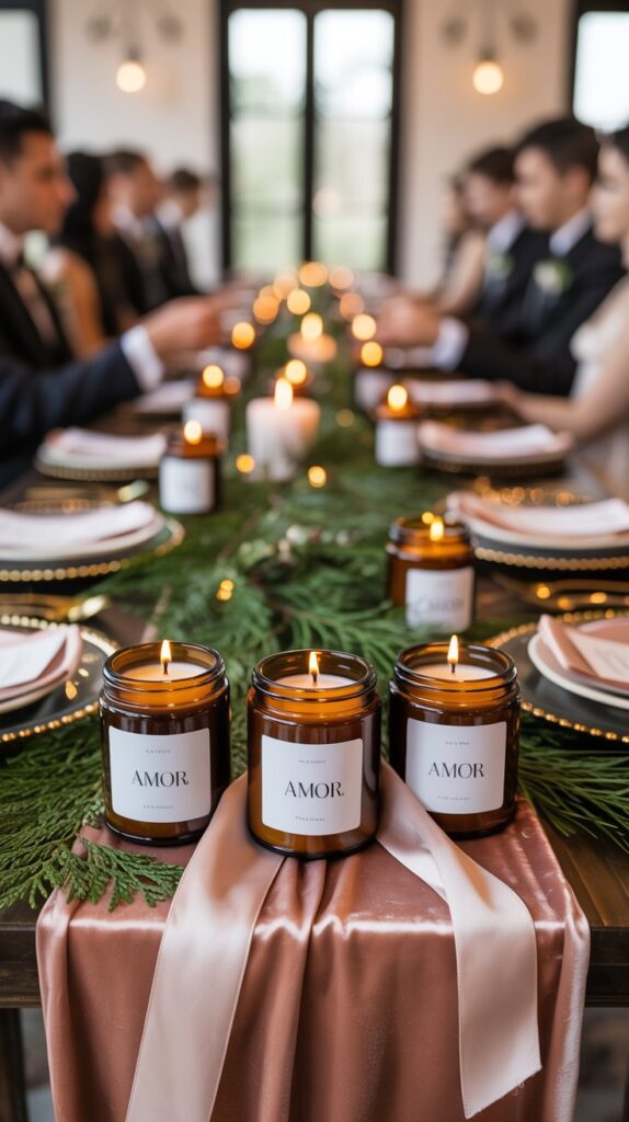 Mini soy candles in amber glass jars with custom labels and silk ribbon at each winter wedding place setting on a velvet tablescape.