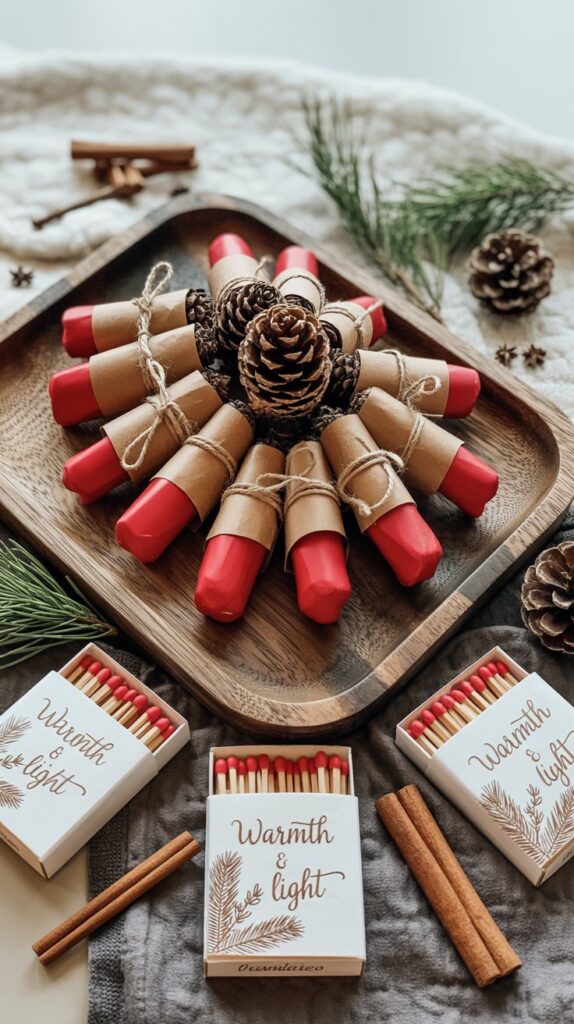 Firestarter pinecones and custom matchboxes as cozy winter wedding favors styled on a wooden tray.