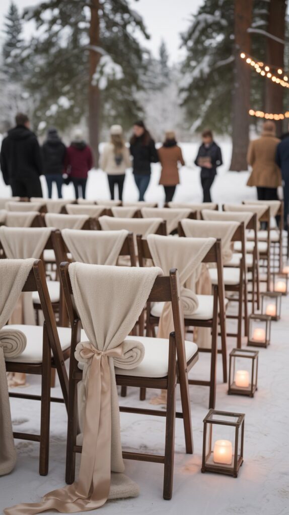 Fleece blankets tied with ribbon on ceremony chairs at an outdoor winter wedding with snow-covered trees.