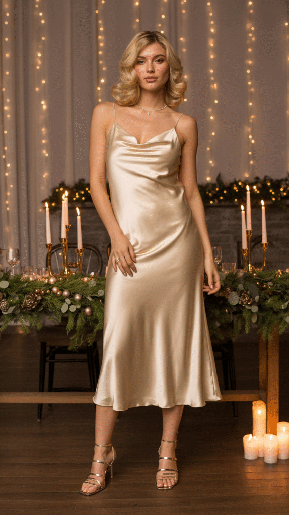 Elegant guest in champagne satin slip dress at a Christmas wedding with candles and garlands.