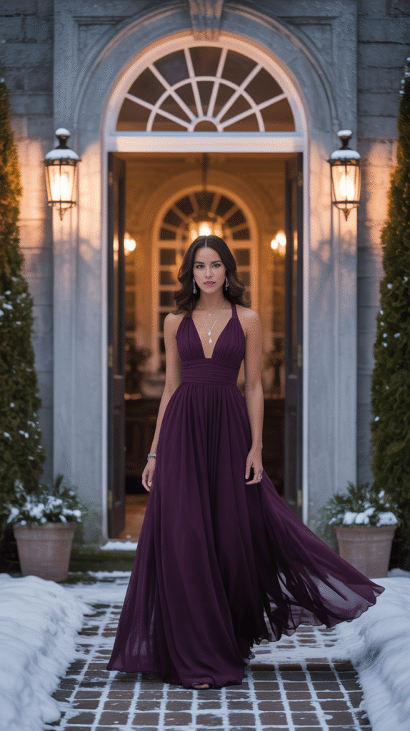 Guest in deep plum chiffon gown entering a snowy countryside Christmas wedding.