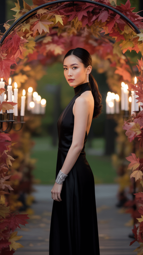 Asian woman in high-neck black gown for a Halloween wedding guest look.