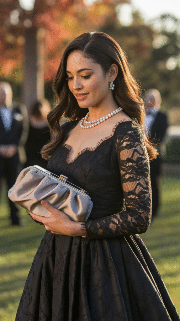 Wedding guest in elegant lace black gown at a Halloween wedding.
