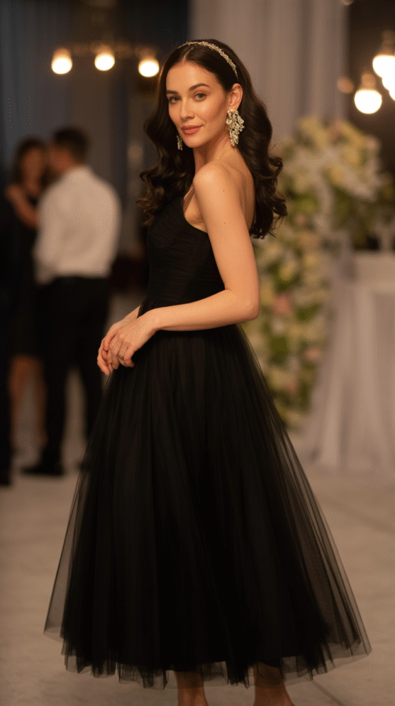 Guest posing in a tulle skirted midi dress at a chic Halloween wedding.
