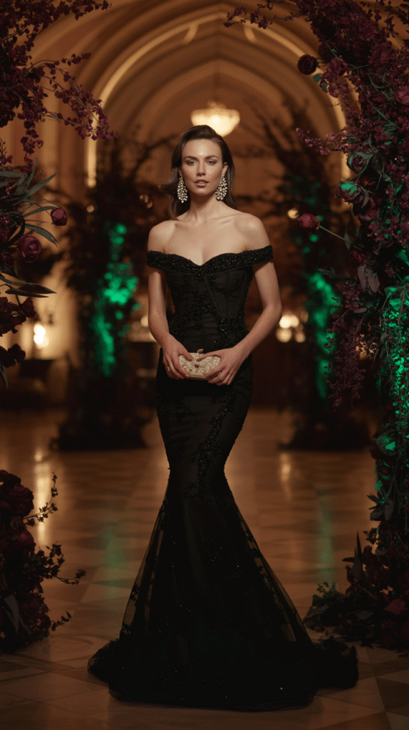 all woman in off-shoulder mermaid gown at elegant Halloween wedding.