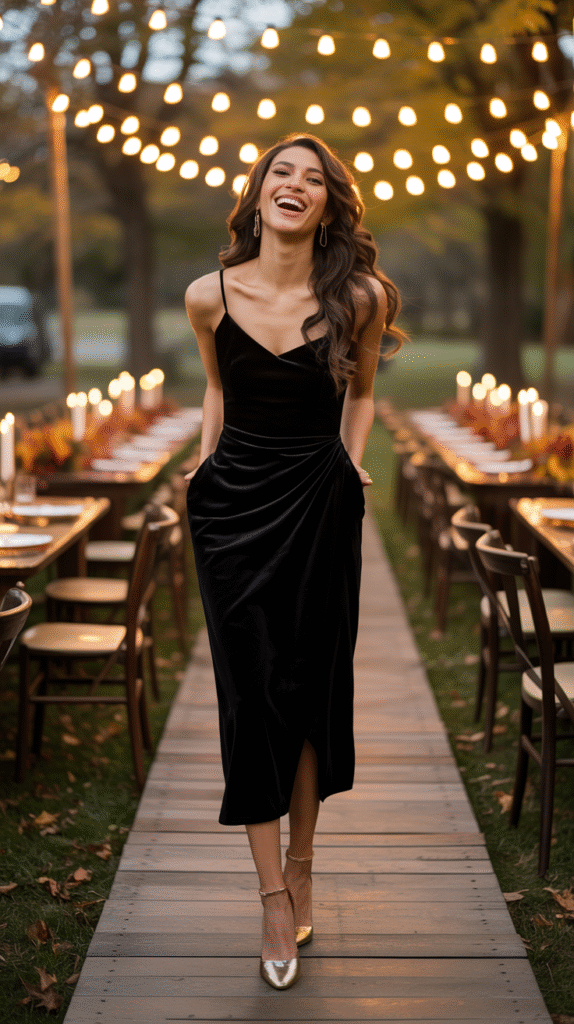 Latina woman in black velvet midi dress at a Halloween wedding