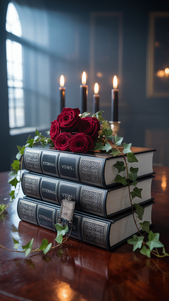 Gothic book stack centerpiece with candles and florals for a Halloween wedding.