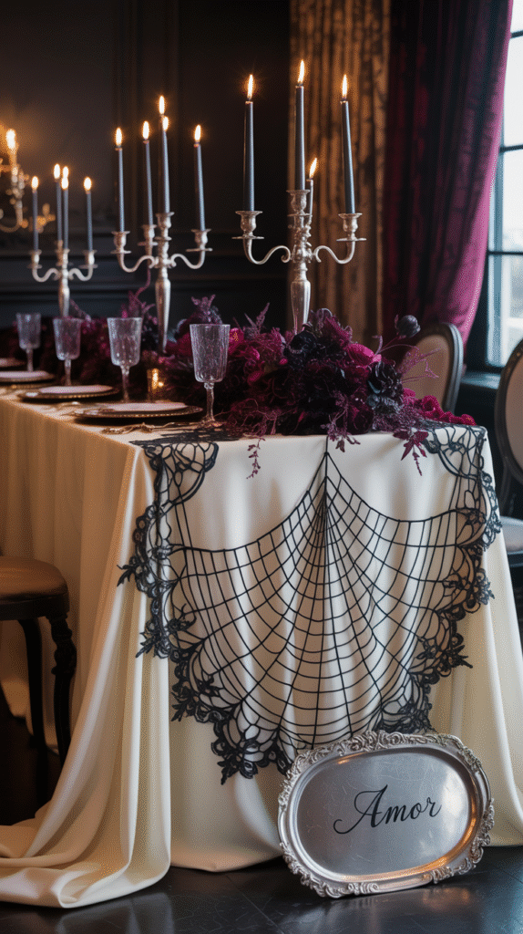 Spider web lace overlays with candelabras and florals at a Halloween wedding table.
