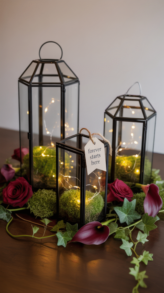 Black terrarium lantern centerpiece glowing with fairy lights and greenery.