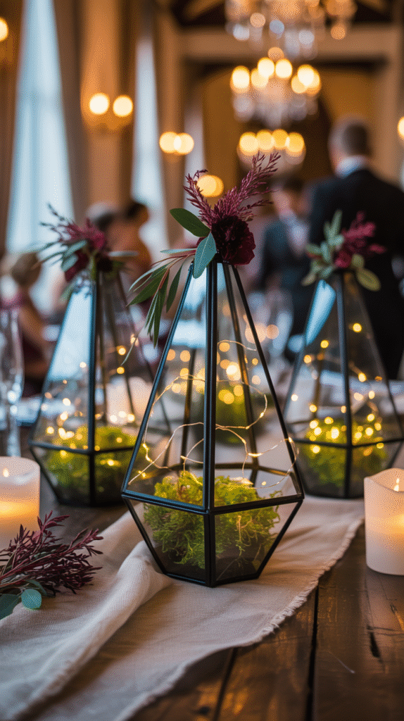 Black terrarium lantern centerpiece glowing with fairy lights and greenery.