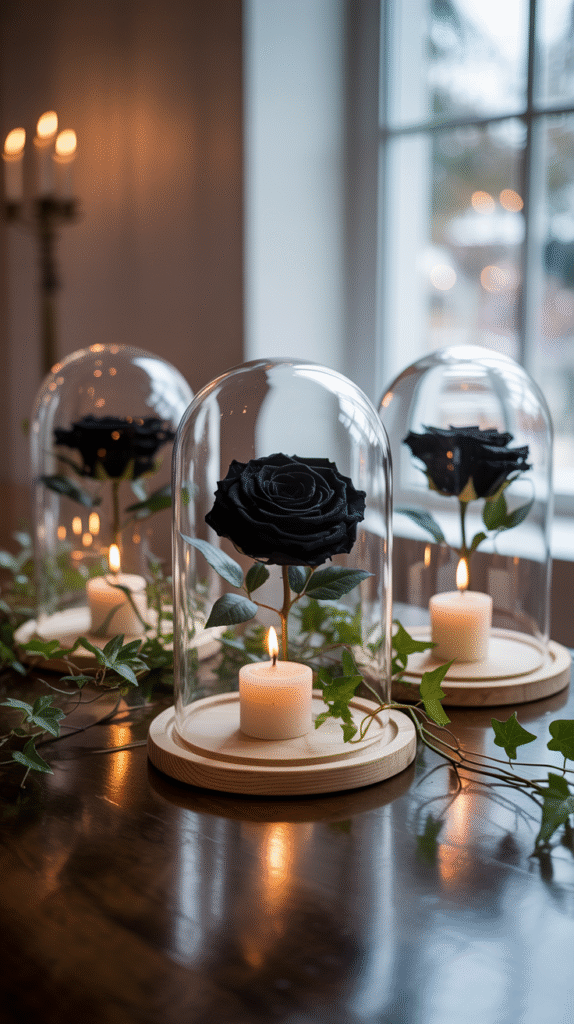 Glass cloche domes with roses and candles styled for a gothic wedding centerpiece.