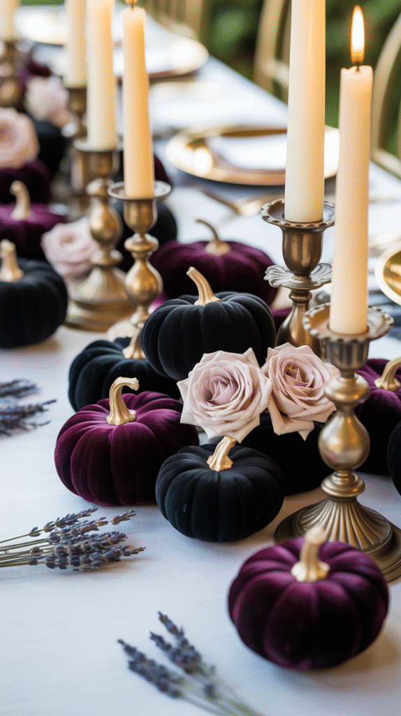 Velvet pumpkins in black and plum styled with candles and roses for a Halloween wedding centerpiece.