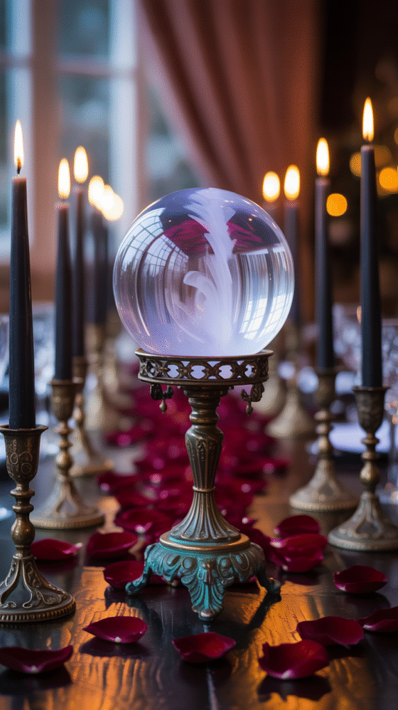 Crystal ball centerpiece glowing on a wedding table with black candles and roses.