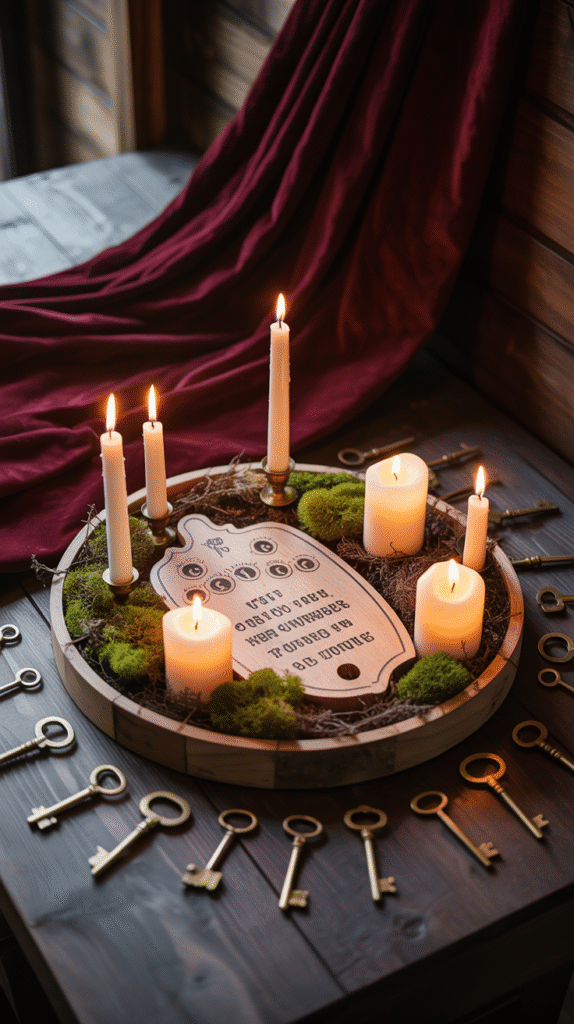 Ouija board tray centerpiece with moss, candles, and keys.