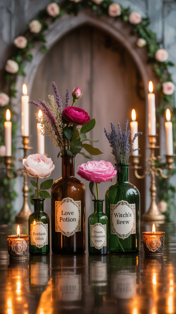 Potion bottle centerpieces with flowers and candles for a Halloween wedding.