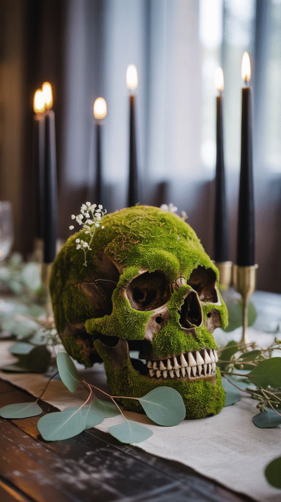 Moss-covered skull centerpiece with black taper candles and eucalyptus branches on a wedding table.