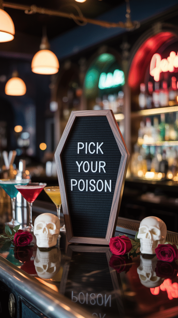 Coffin-shaped letter board on a Halloween wedding bar.