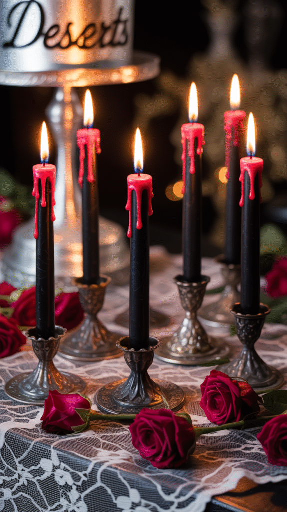 Vampire tears bleeding candles dripping red wax at a Halloween wedding.