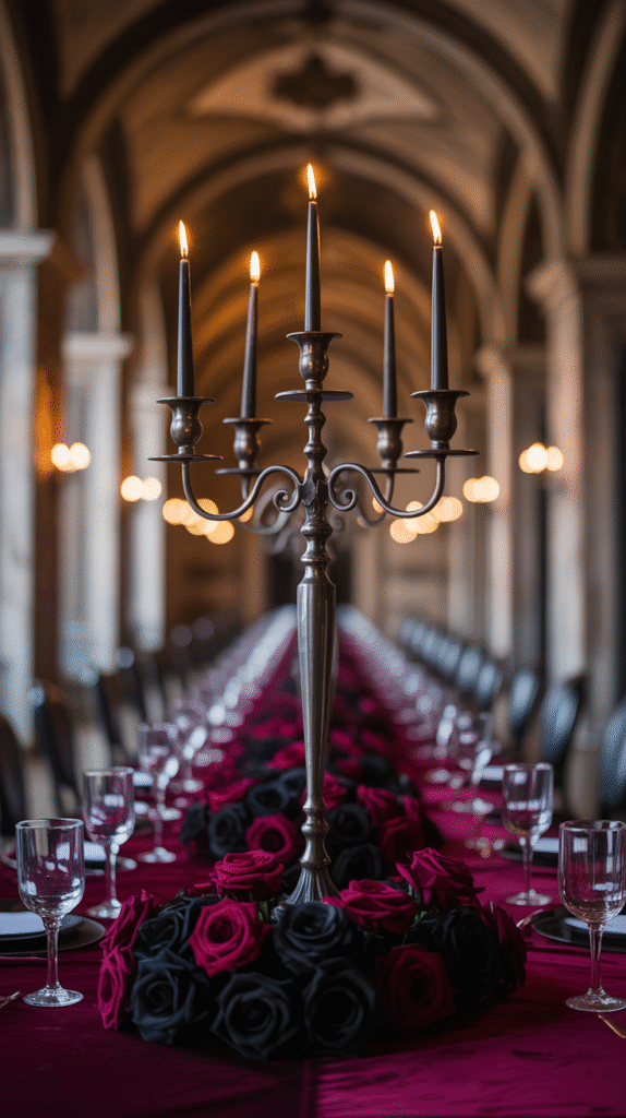 Tall black candelabra centerpiece with candles and roses for a Halloween wedding.
