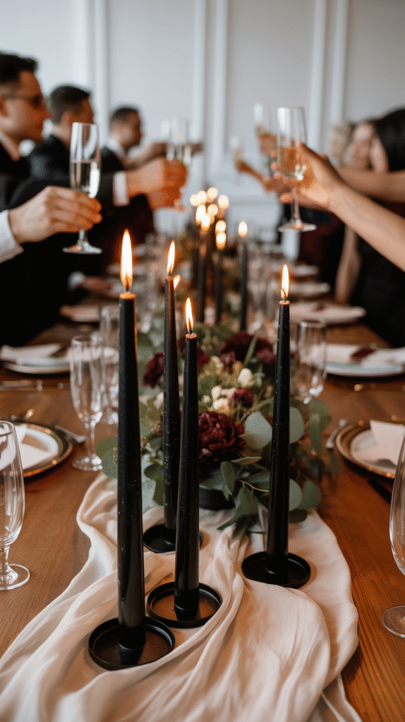 Black taper candles glowing at a Halloween wedding reception.