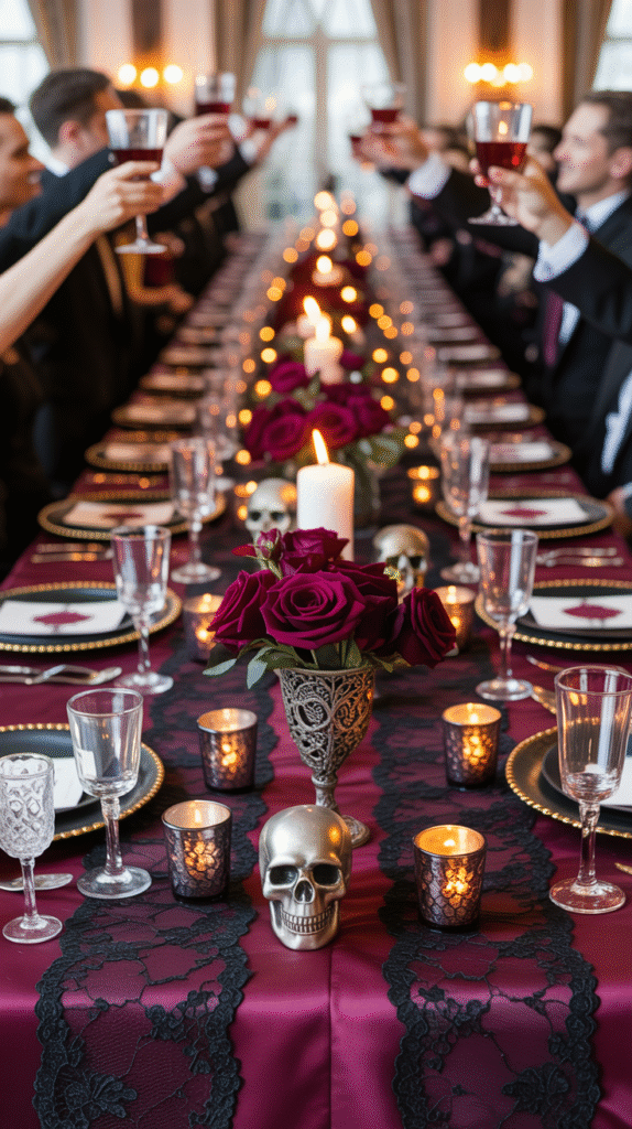 Black lace table runners styled with candles and roses at a Halloween wedding reception.
