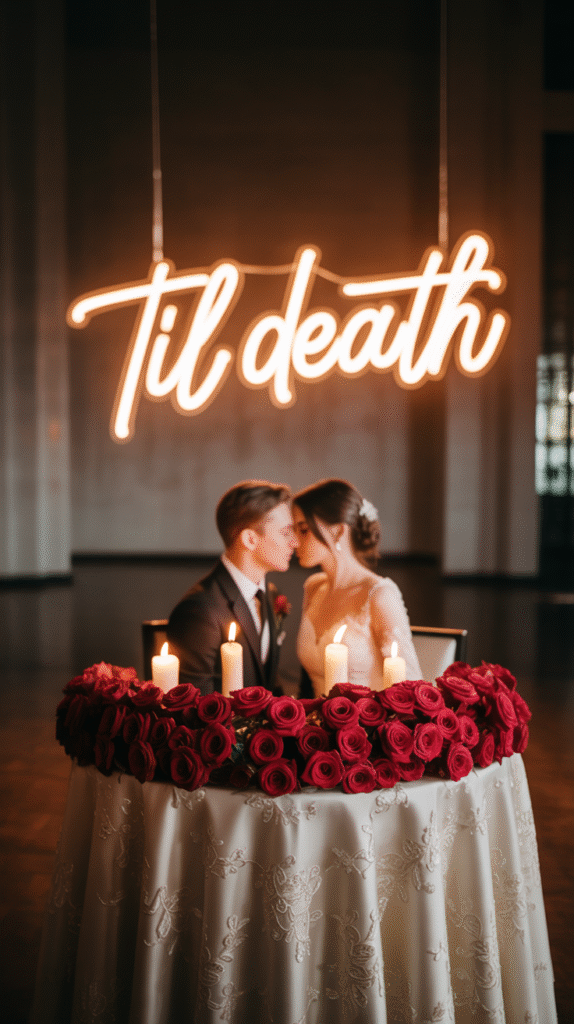 “Til Death” neon sign glowing behind a sweetheart table at a Halloween wedding.