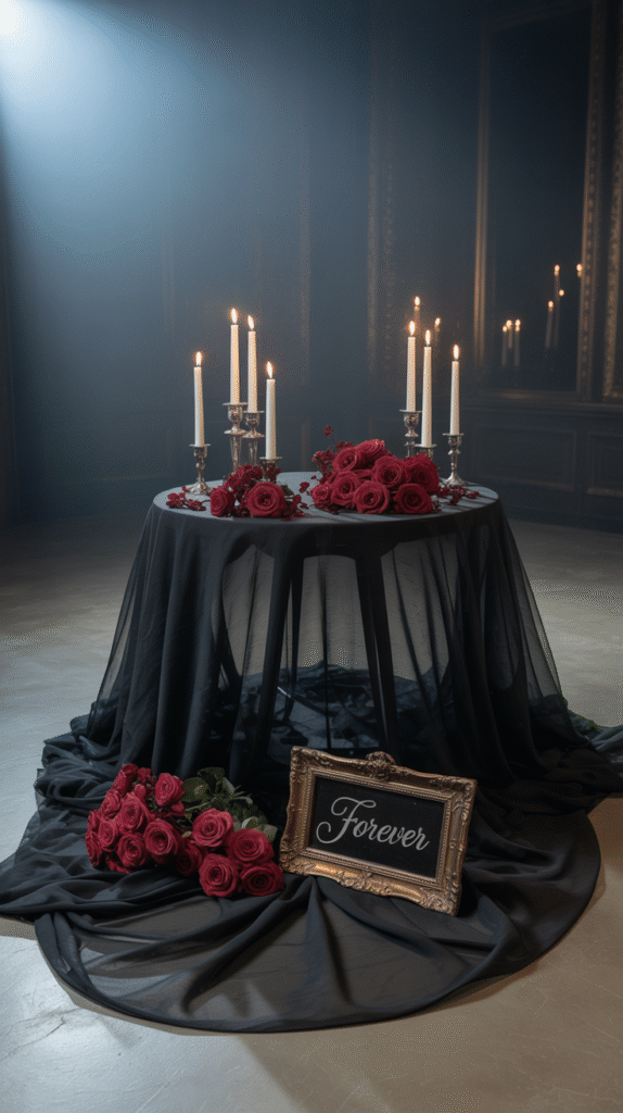 Black gauze table runner styled at a gothic sweetheart table.