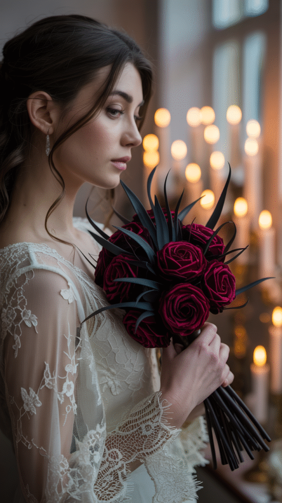 Bride holding bouquet with artificial black roses at a Halloween wedding.