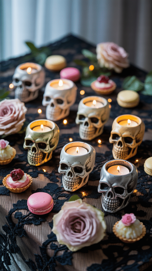 Skull candle holders glowing on a gothic dessert table.