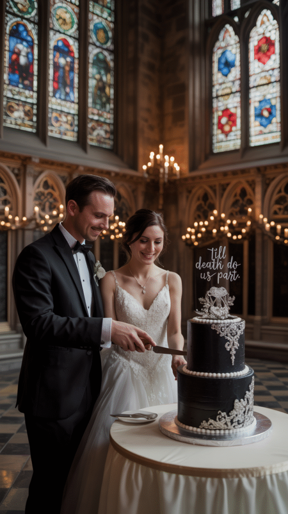 Gothic black wedding cake with “Till Death Do Us Part” topper.