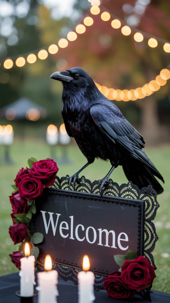 Realistic black raven perched on a gothic wedding welcome sign.
