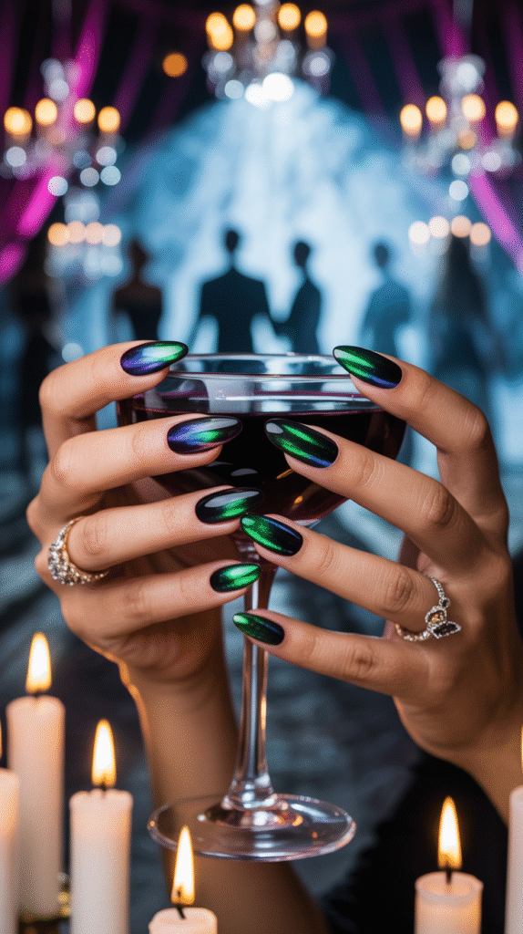 Emerald cat-eye nails glowing under a Halloween masquerade wedding setting.