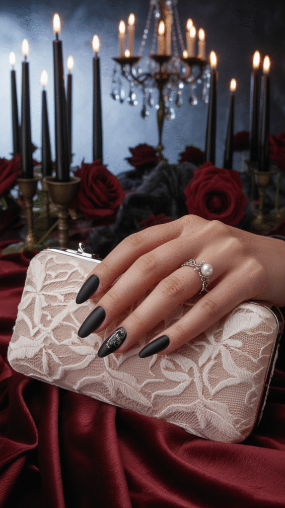 Matte black nails styled for a dramatic Halloween wedding guest look.