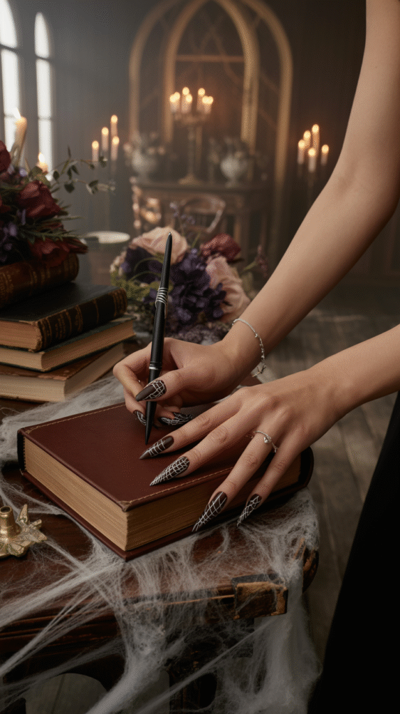 Black nails with silver spiderweb detailing for a chic Halloween wedding manicure.