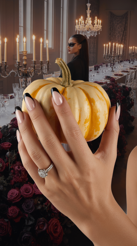 Nude nails with black French tips styled for a Halloween masquerade wedding.