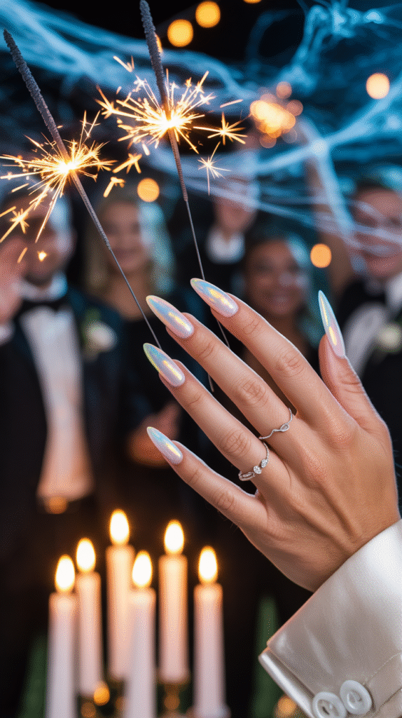 Pearly white iridescent nails styled for an ethereal Halloween wedding look.