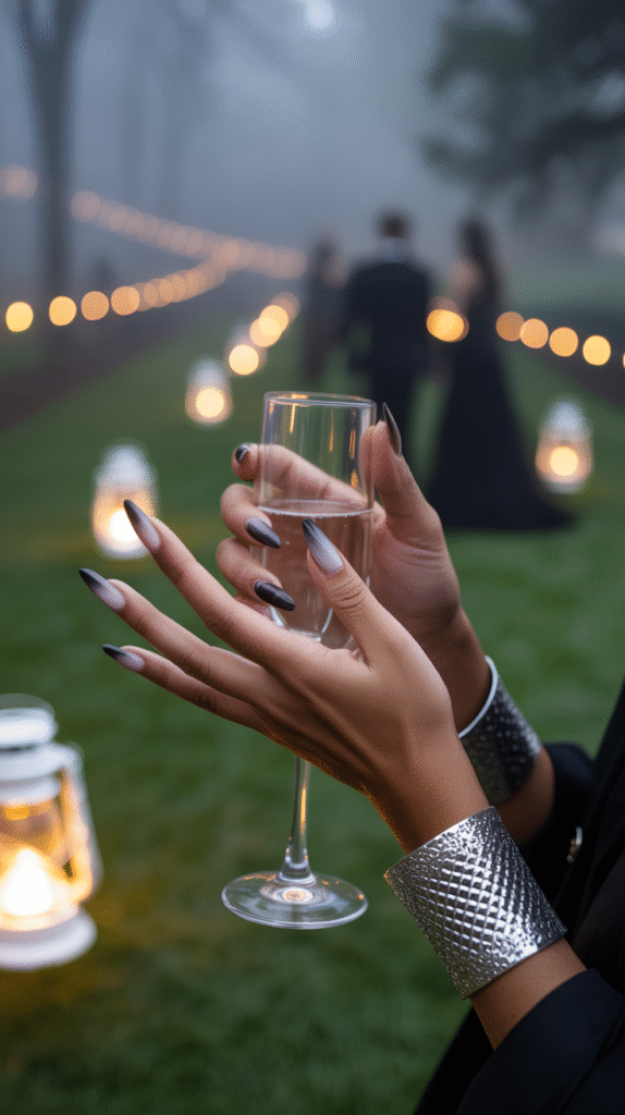 Smoky gray ombre nails inspired by misty Halloween wedding vibes.