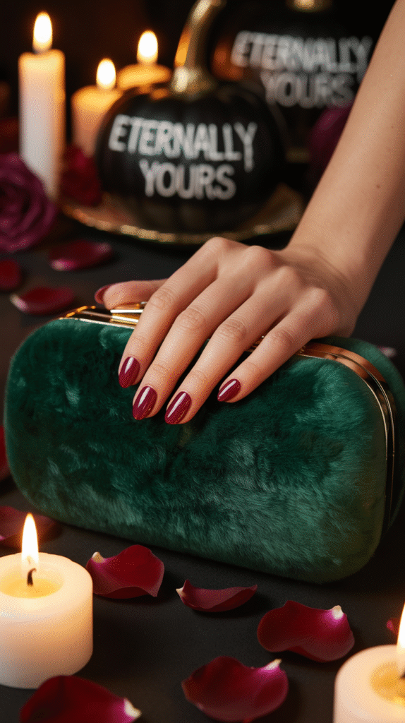Glossy burgundy nails perfect for a stylish Halloween wedding guest manicure.