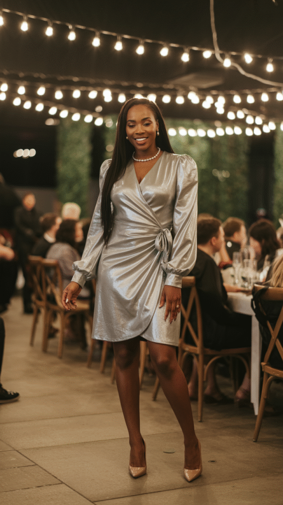 guest in silver metallic wrap dress with nude heels at holiday wedding.