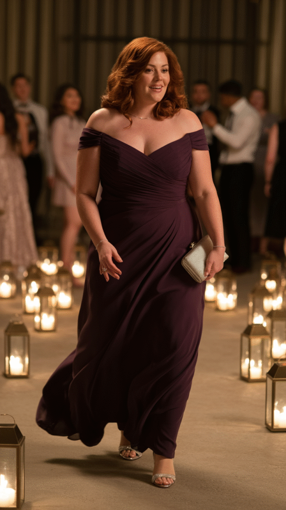 Plus size white woman in plum off-the-shoulder gown at holiday wedding dance floor.