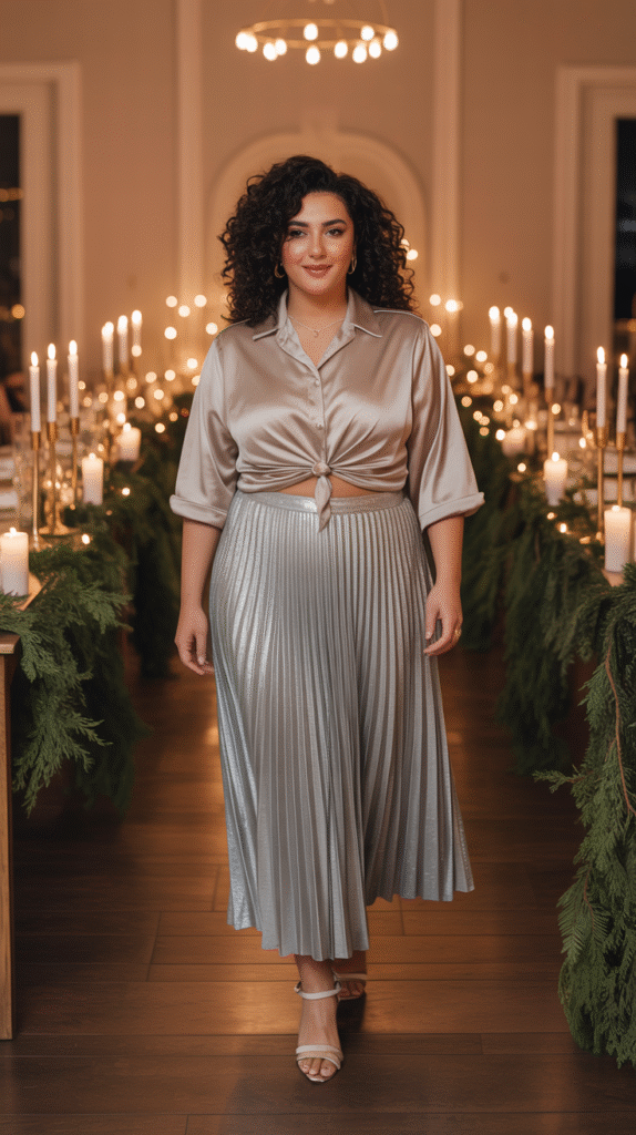 : Plus size Middle Eastern woman in metallic pleated skirt and satin blouse at winter wedding.